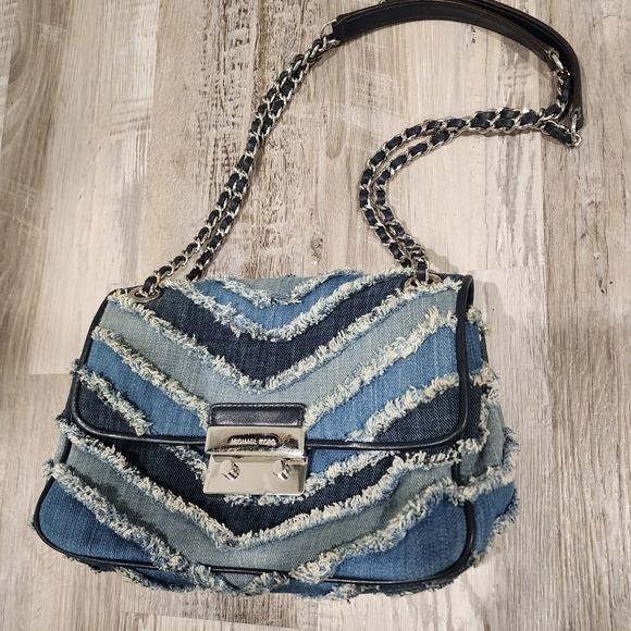 Michael Kors Denim Fringe Chain Shoulder Bag - Blue - Picture 2 of 13